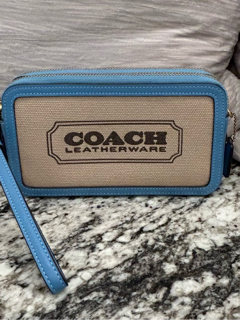 Coach Canvas Crossbody Wallet/Wristlet with Sky Blue Leather Trim - Picture 8 of 9